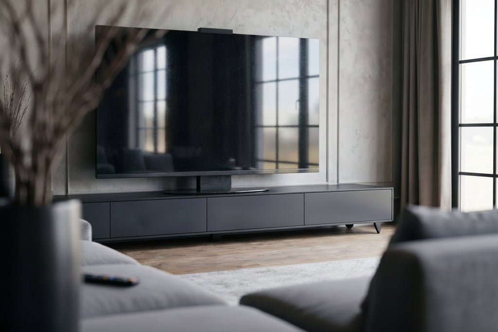 Absolute Black Halo Screen with reflective polished surface in a light modern living room
