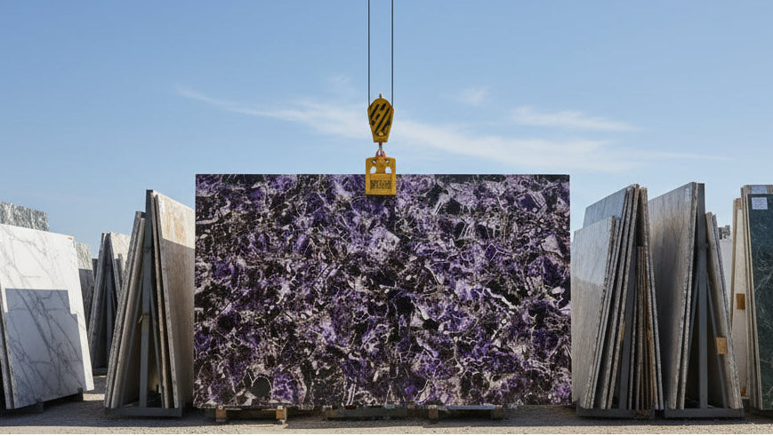 Purple marble slab being lifted by a crane in an outdoor setting with other marble slabs.