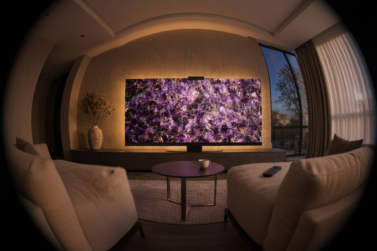 Amethyst Halo Screen at night with warm halo backlight, luminous violet crystal depth, and a sculptural gemstone presence in a moody living room.