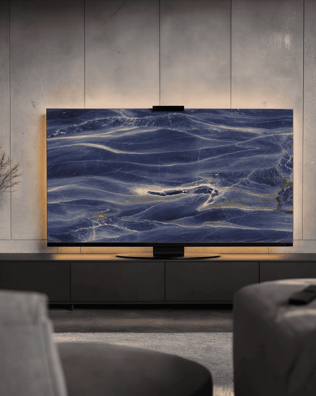 Azul Imperiale quartzite Halo Screen in a modern living room with warm halo backlight and calm blue linear movement.