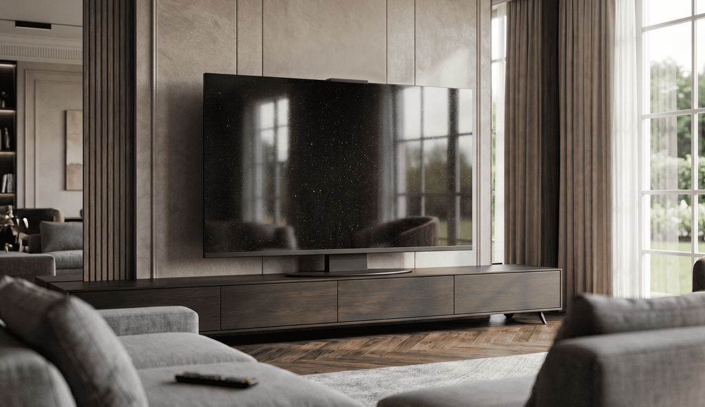 Black Galaxy granite Halo Screen in a modern living room during daylight, with a polished black surface, subtle metallic flecks, and soft window reflections.