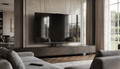 Black Galaxy granite Halo Screen in a modern living room during daylight, with a polished black surface, subtle metallic flecks, and soft window reflections.