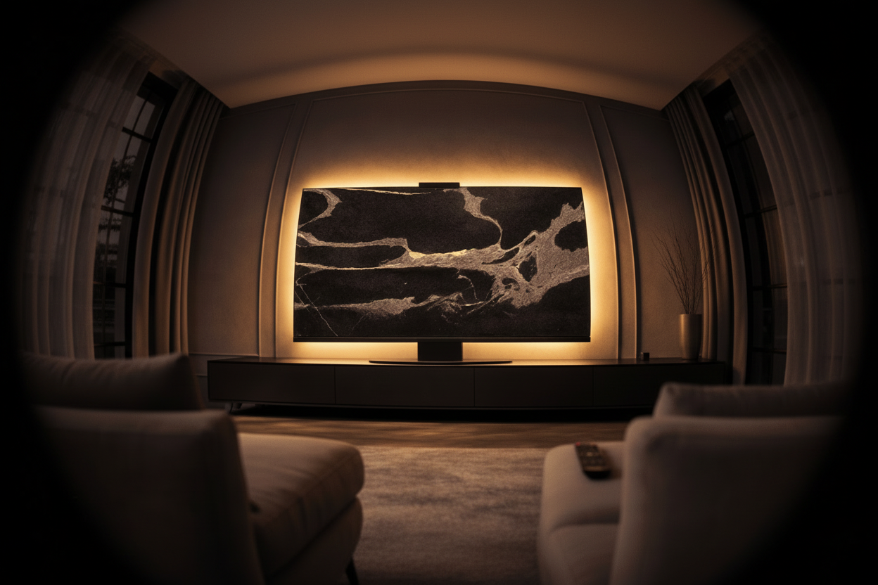 Black Python marble Halo Screen with warm halo backlight in a modern living room on a matte-black console