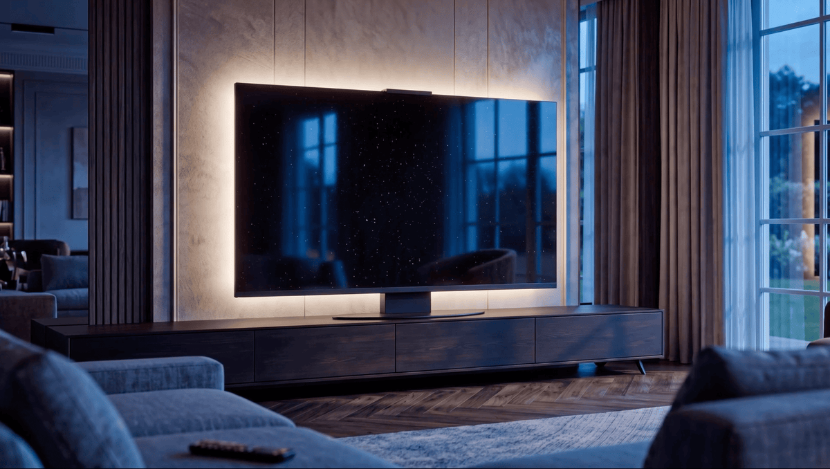 Black Galaxy granite Halo Screen in a modern living room during evening time, with a polished black surface, subtle metallic flecks, and soft window reflections.