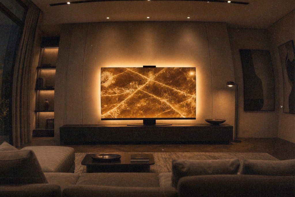 Backlit yellow onyx slab in a luxury modern interior, glowing with warm amber tones and soft evening lighting.