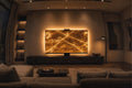 Backlit yellow onyx slab in a luxury modern interior, glowing with warm amber tones and soft evening lighting.
