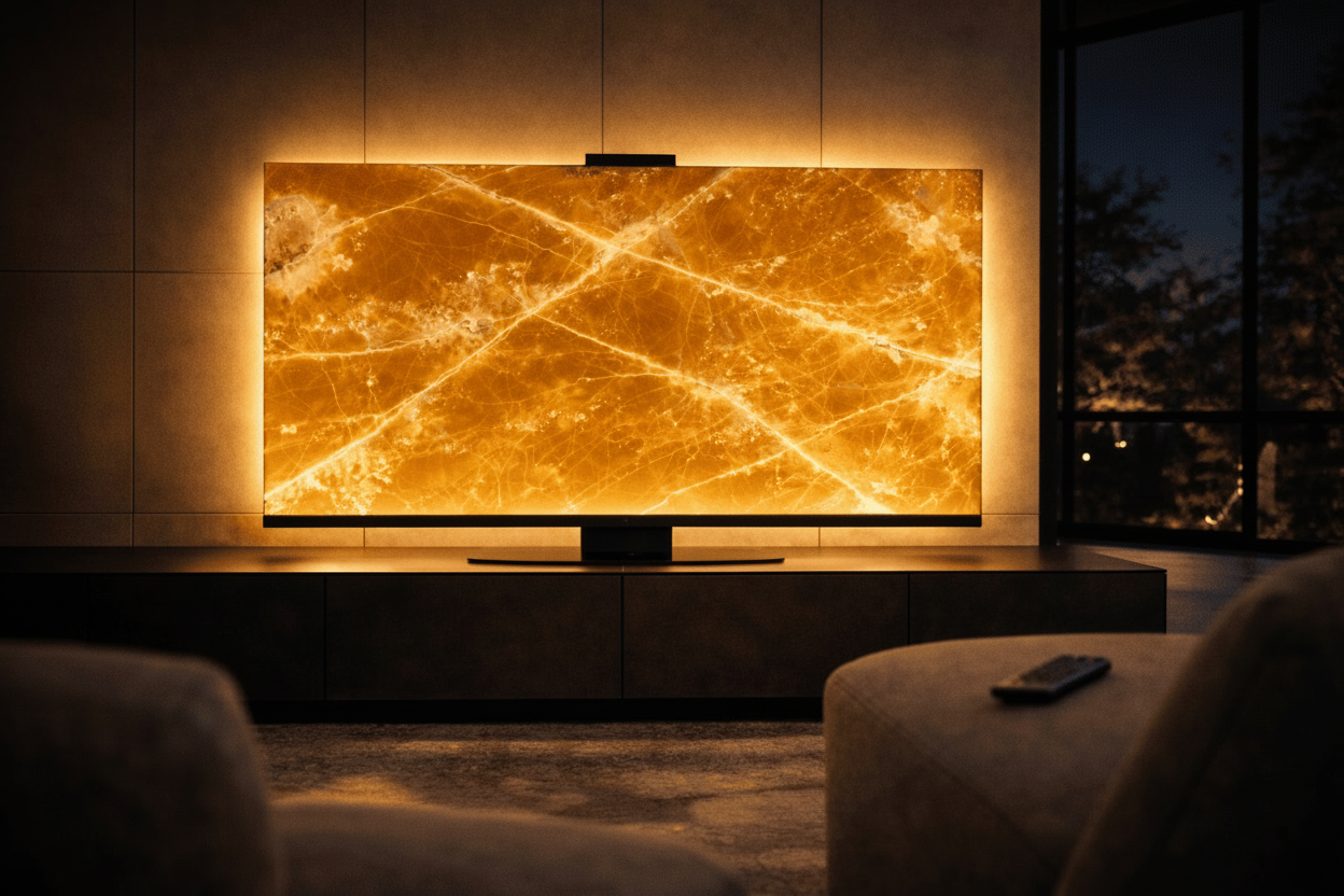 Halo Screen in Yellow Onyx with warm halo backlight in a dark modern living room
