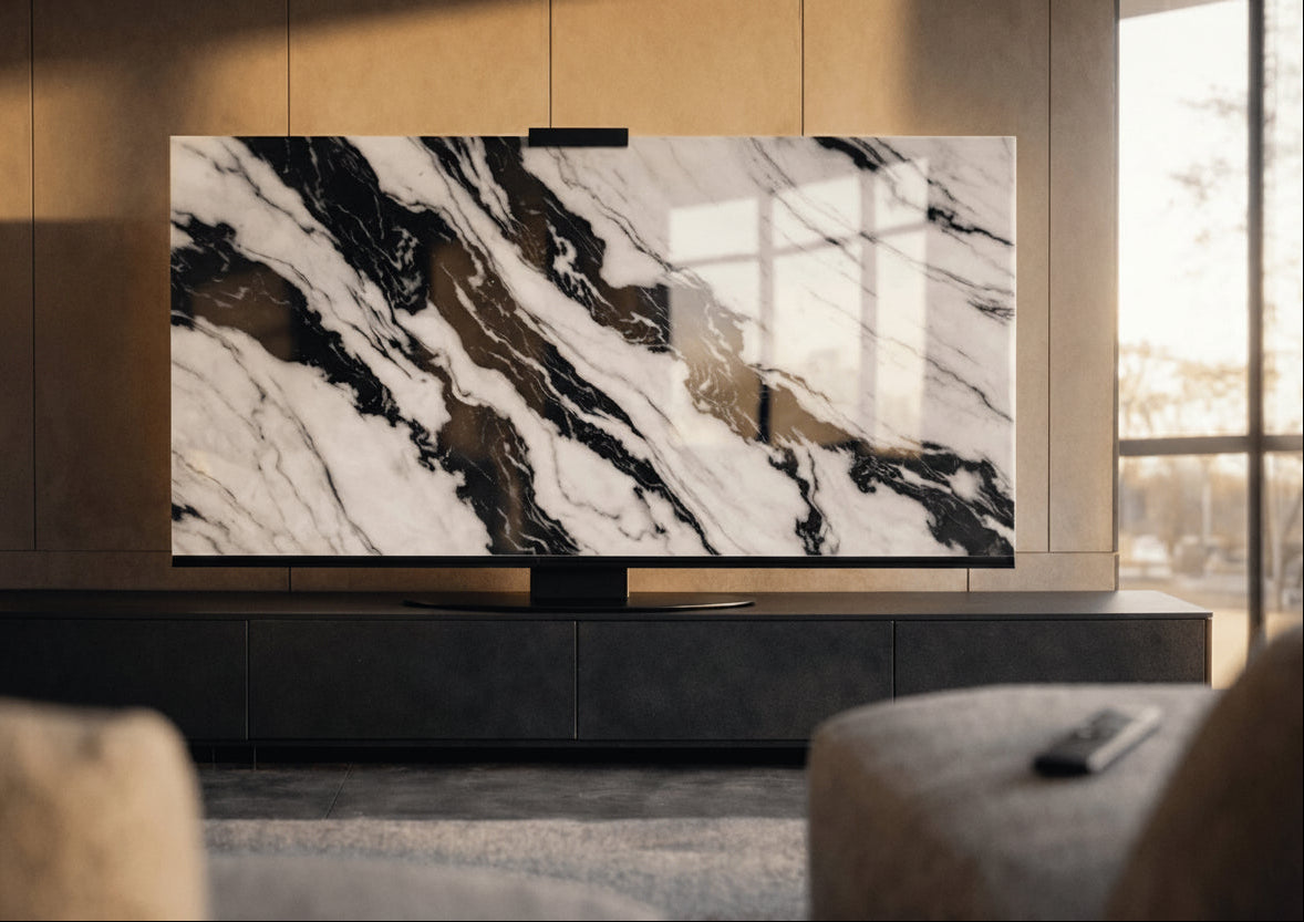 Panda White marble Halo Screen at night with warm halo backlight, bold black veining, and a sculptural presence in a moody living room.