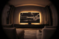 Black Python marble Halo Screen with warm halo backlight in a modern living room on a matte-black console
