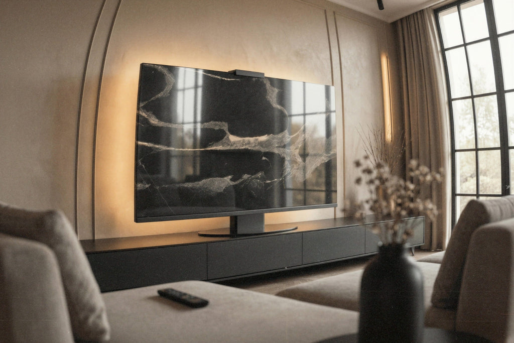 Halo Screen in Black Python stone with warm halo backlight on a matte-black base in a modern living room
