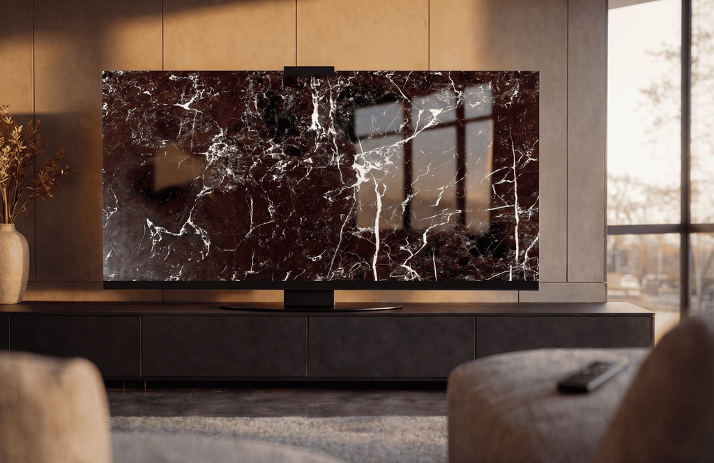 Halo Screen in Rosso Levanto marble shown in warm daylight with polished burgundy stone surface in a luxury living room