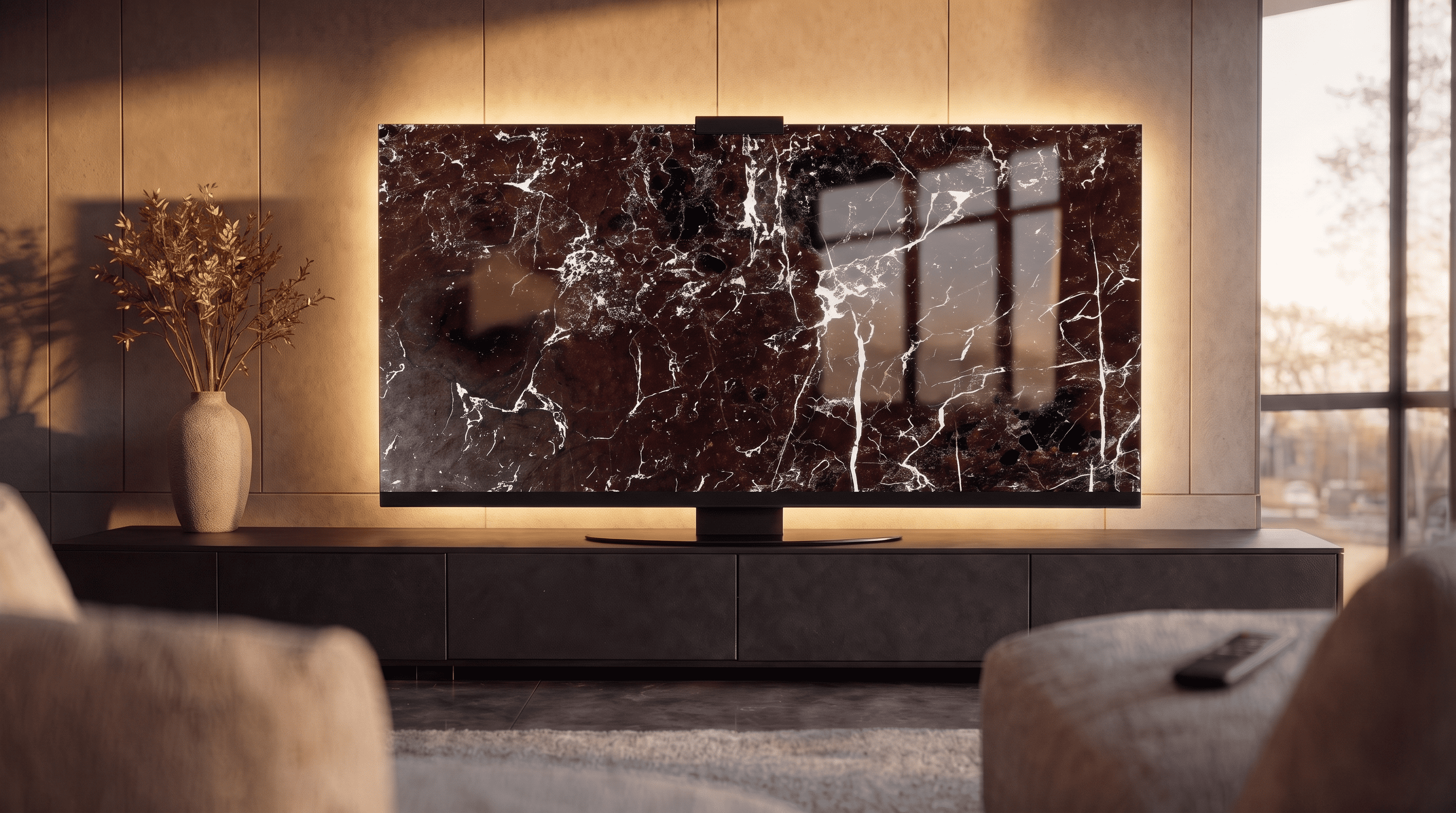 Halo Screen in Rosso Levanto marble with warm concealed halo backlight in a luxury living room