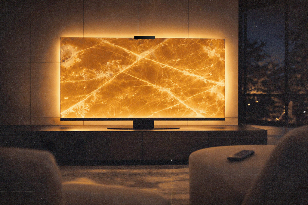 Halo Screen in Yellow Onyx with warm halo backlight in a dark modern living room