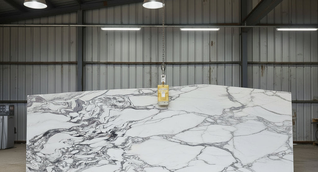Arabescato Fantastico marble slab with dramatic black and grey veining suspended in a stone workshop
