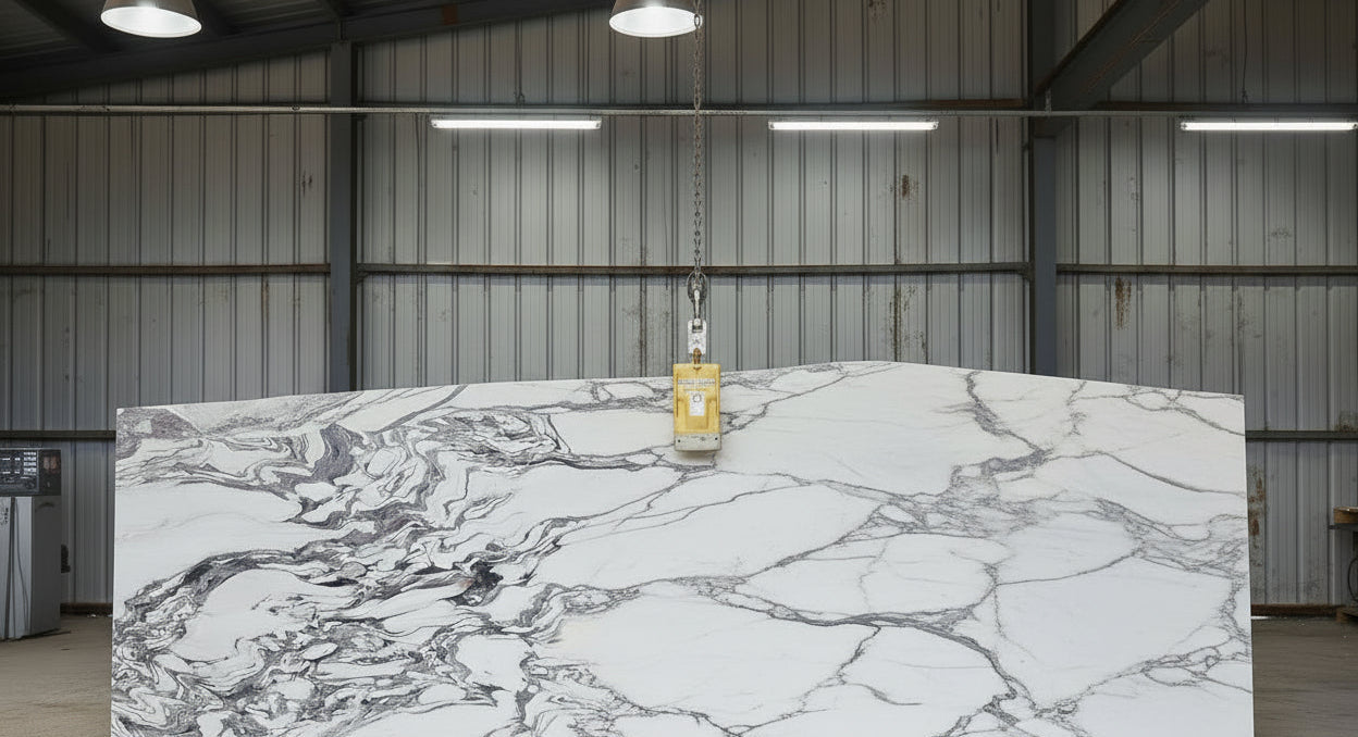 Arabescato Fantastico marble slab with dramatic black and grey veining suspended in a stone workshop
