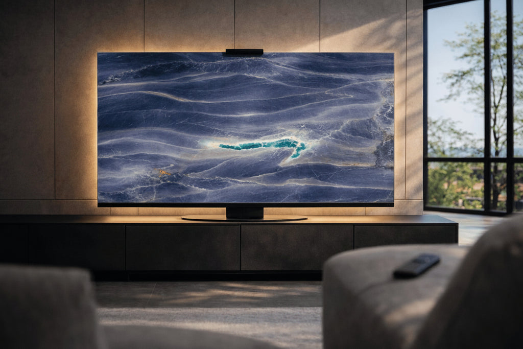 Azul Imperiale quartzite Halo Screen in a bright living room with warm halo backlight, calm blue linear movement, and a large window view.