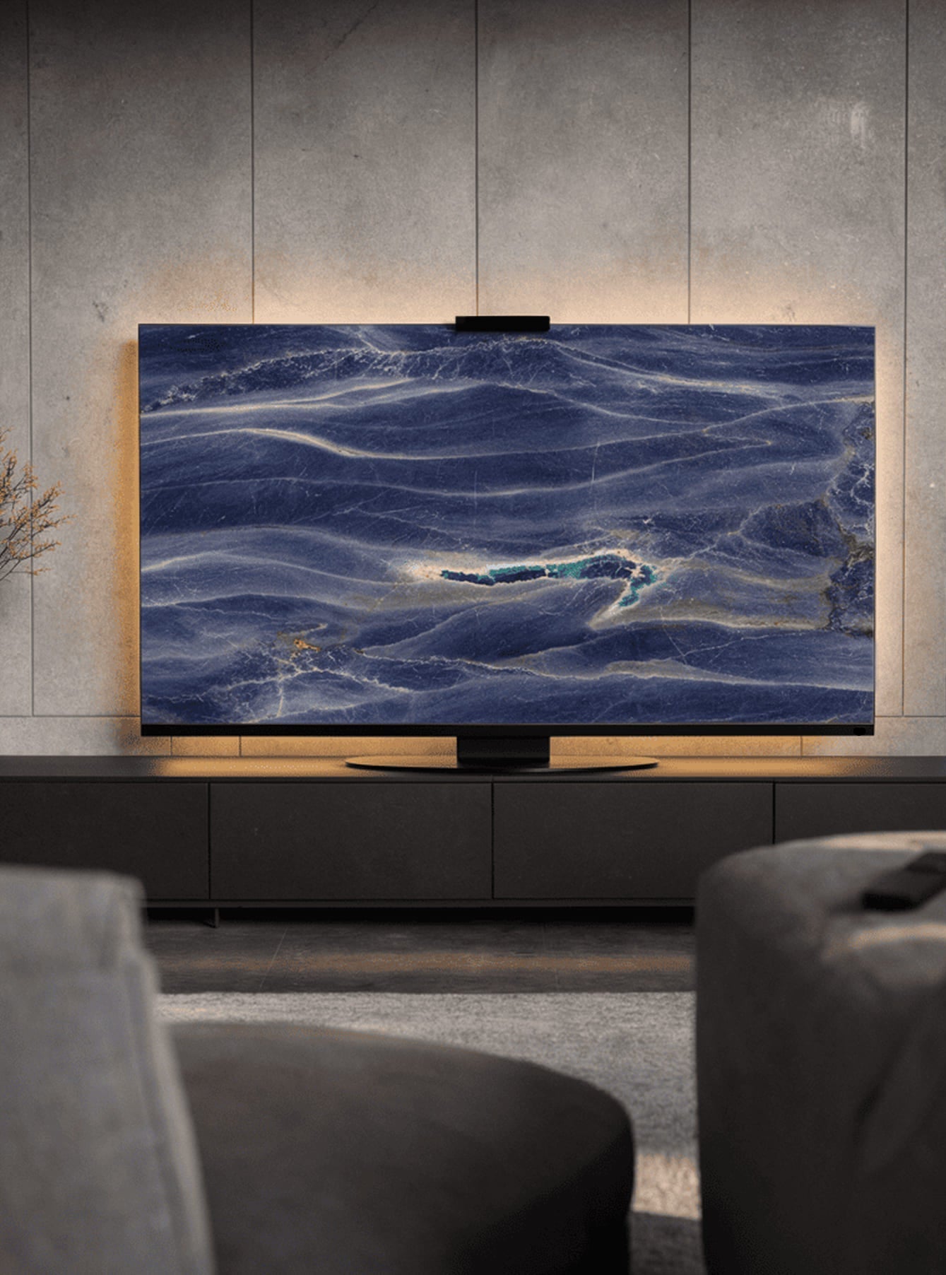 Azul Imperiale quartzite Halo Screen in a modern living room with warm halo backlight and calm blue linear movement.