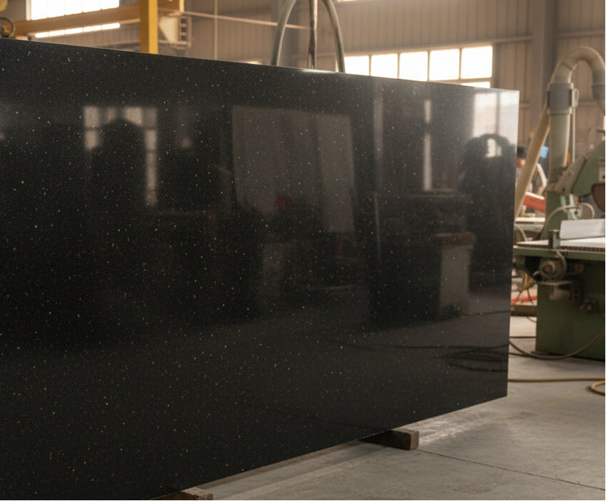 Black Galaxy granite slab in a fabrication workshop, showing a polished dark surface with subtle gold flecks and reflective depth.