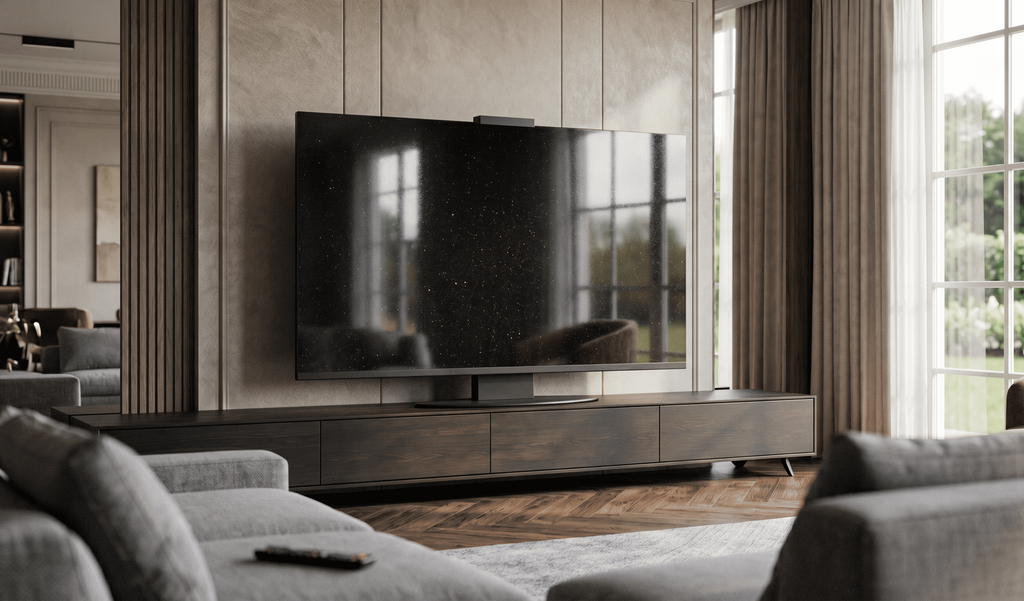 Black Galaxy granite Halo Screen in a modern living room during daylight, with a polished black surface, subtle metallic flecks, and soft window reflections.