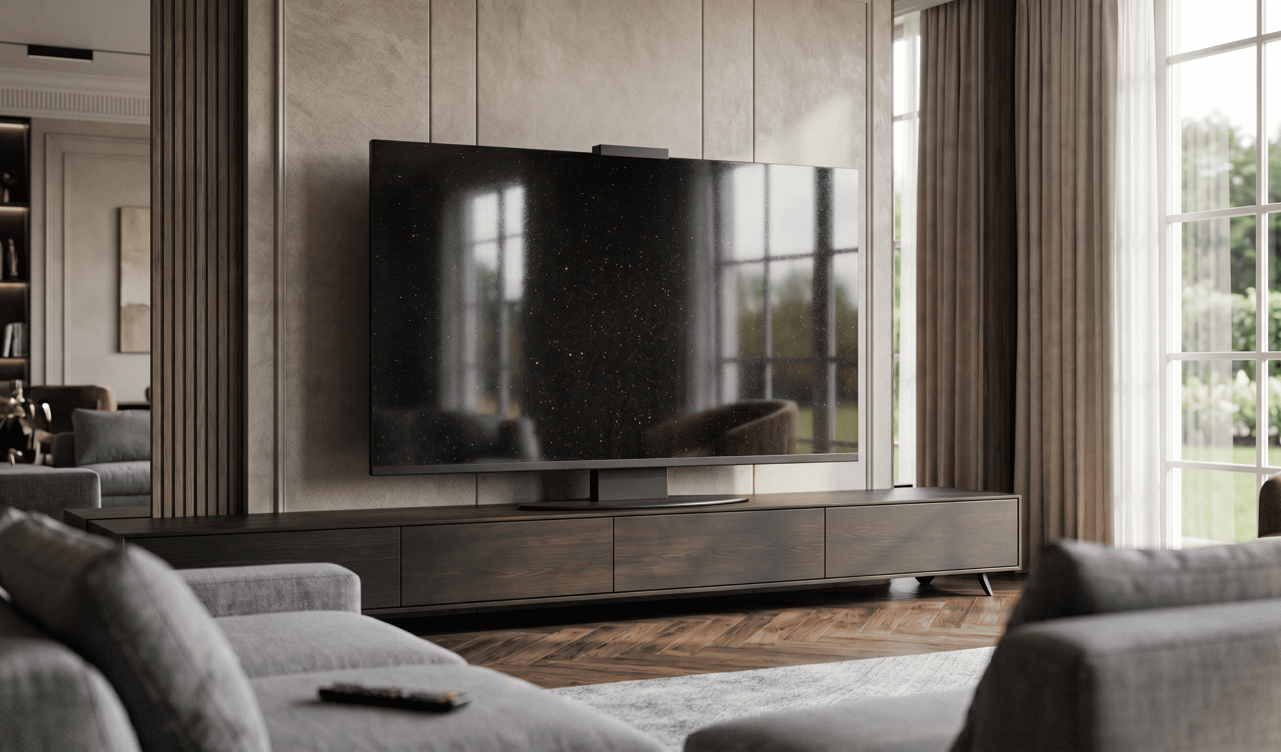 Black Galaxy granite Halo Screen in a modern living room during daylight, with a polished black surface, subtle metallic flecks, and soft window reflections.