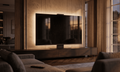 Black Galaxy granite Halo Screen in a modern living room at warm early evening, with hidden halo backlight and subtle reflective depth on the polished stone surface.