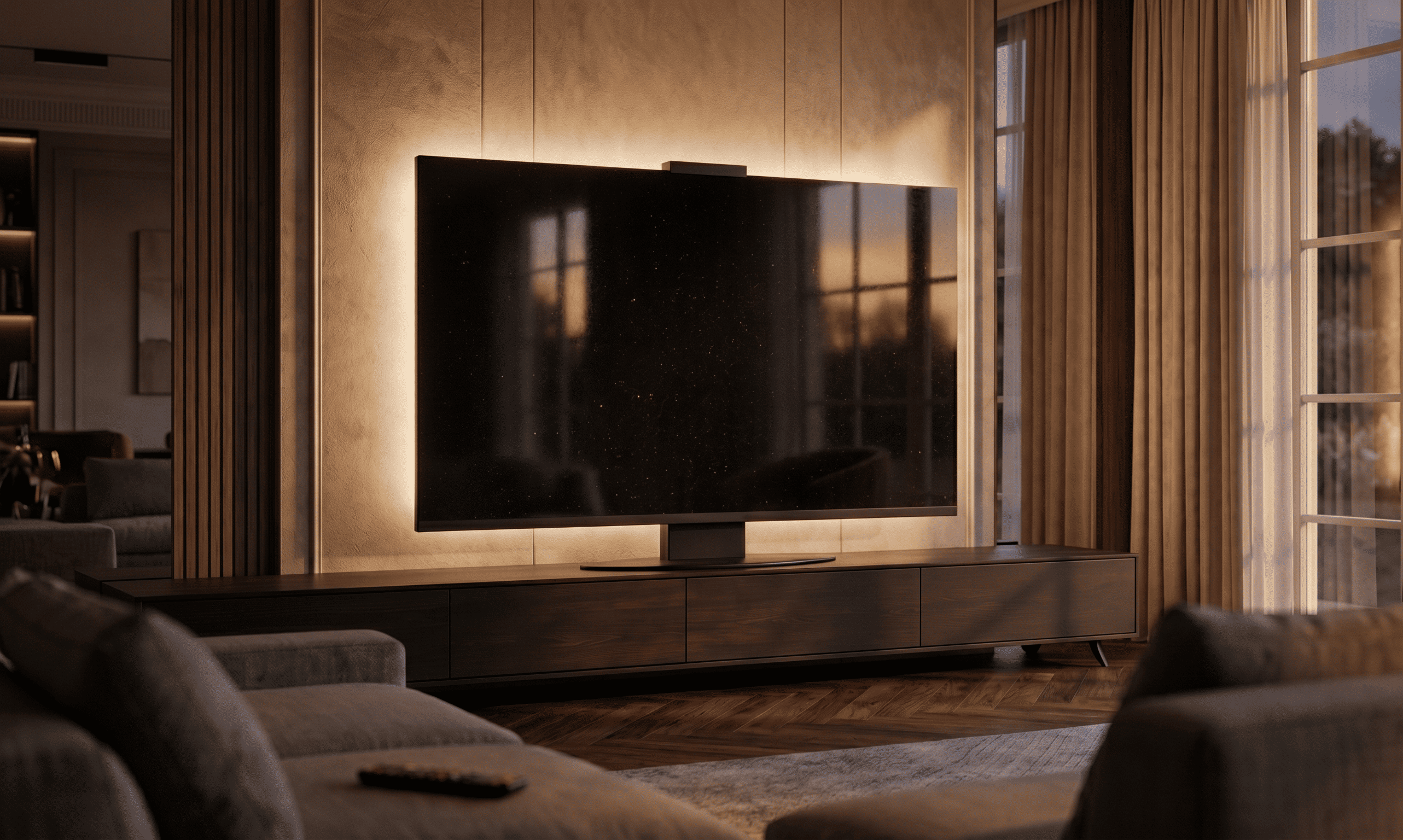 Black Galaxy granite Halo Screen in a modern living room at warm early evening, with hidden halo backlight and subtle reflective depth on the polished stone surface.
