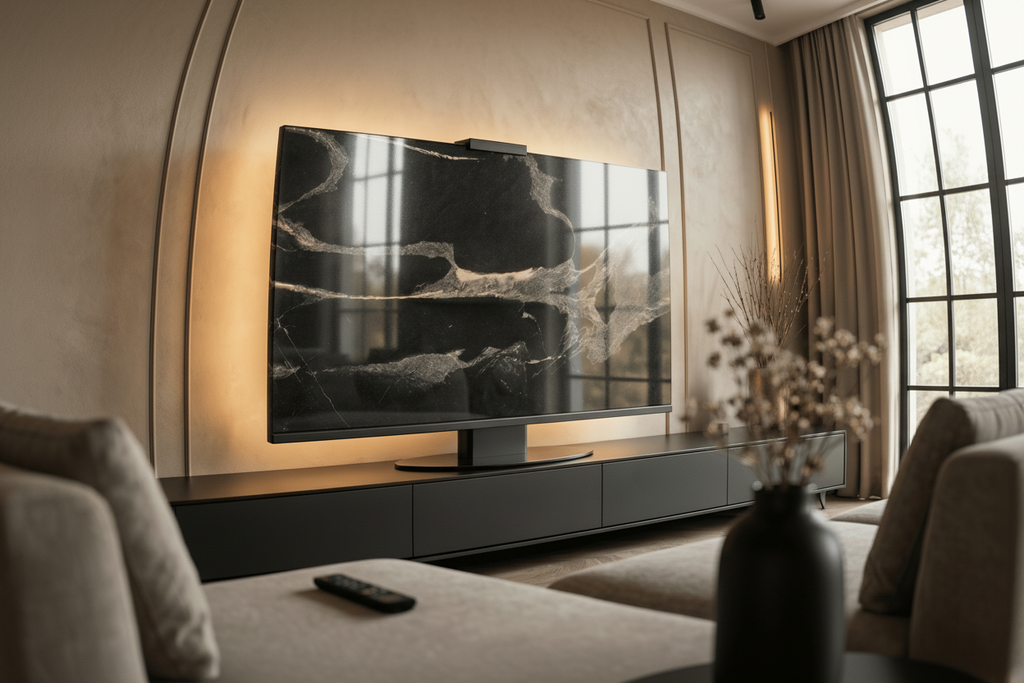 Halo Screen in Black Python stone with warm halo backlight on a matte-black base in a modern living room
