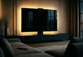 Halo Screen in Absolute Black granite with warm halo backlight in a dark modern living room
