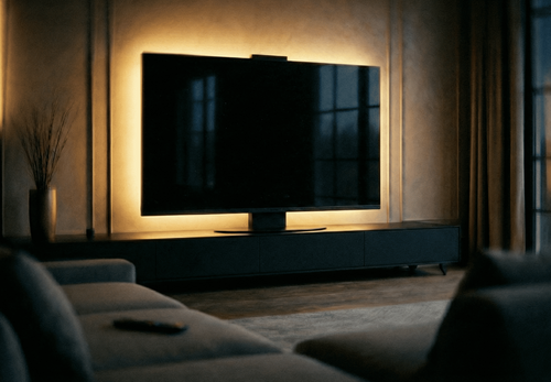 Halo Screen in Absolute Black granite with warm halo backlight in a dark modern living room
