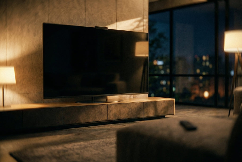 Absolute Black Halo Screen with reflective polished surface in a dark modern living room at night
