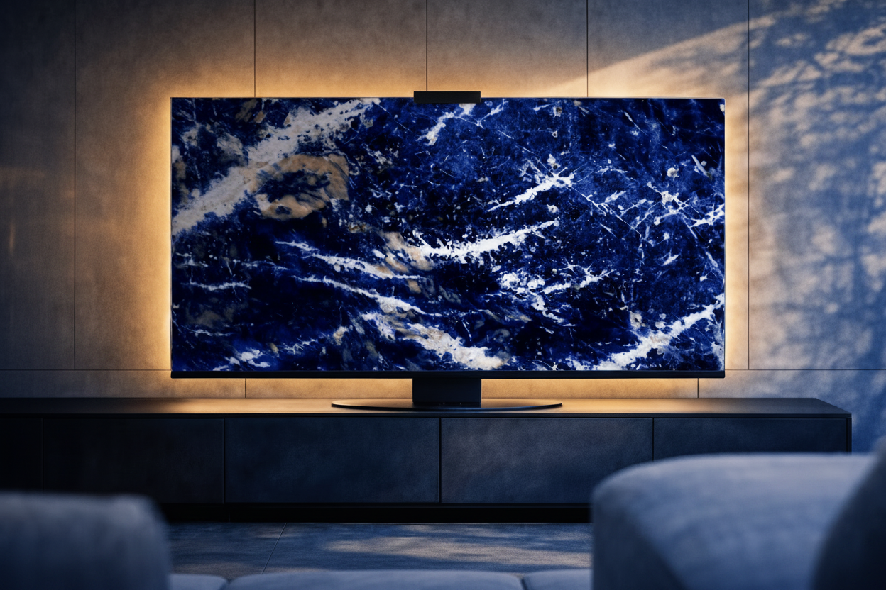 Sodalite Blue gemstone Halo Screen with deep blue mineral pattern and warm halo light in a luxury interior