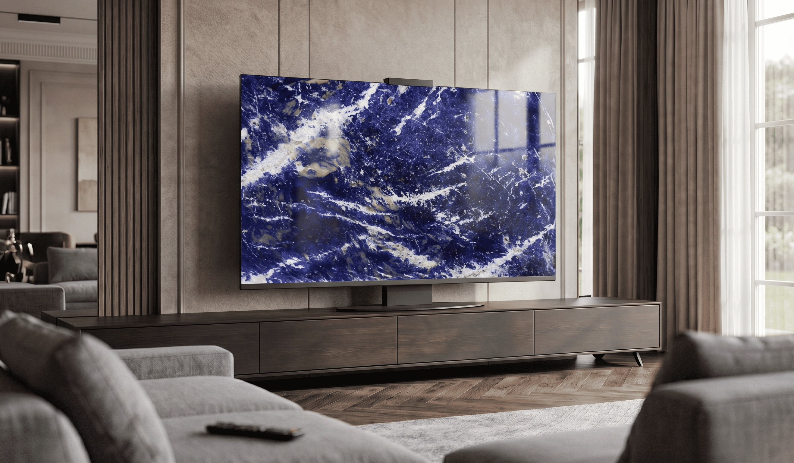 Halo Screen in Sodalite Blue gemstone shown in daylight with polished blue mineral surface in a luxury living room