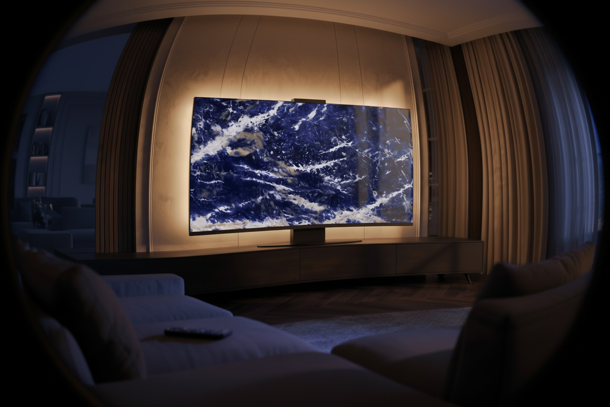 Halo Screen in Sodalite Blue gemstone with warm concealed halo backlight in a luxury evening living room