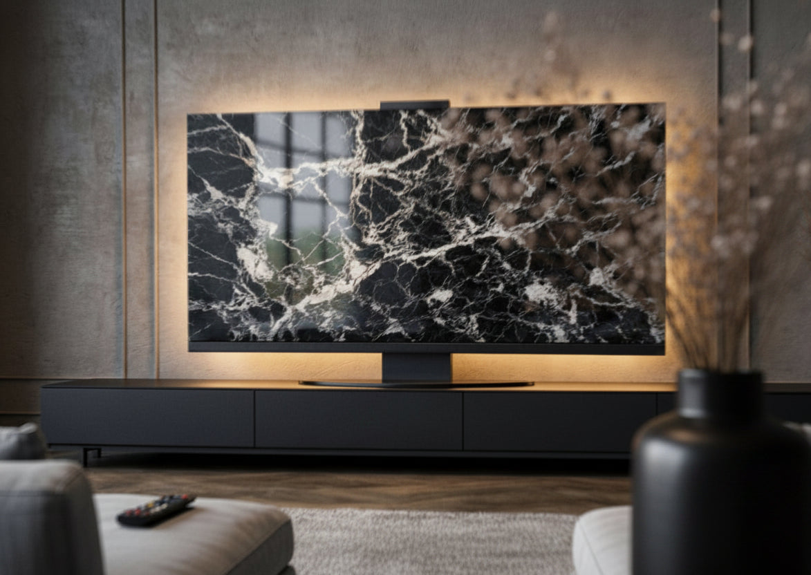 Halo Screen in Black Python stone with warm halo backlight on a matte-black base in a modern living room

