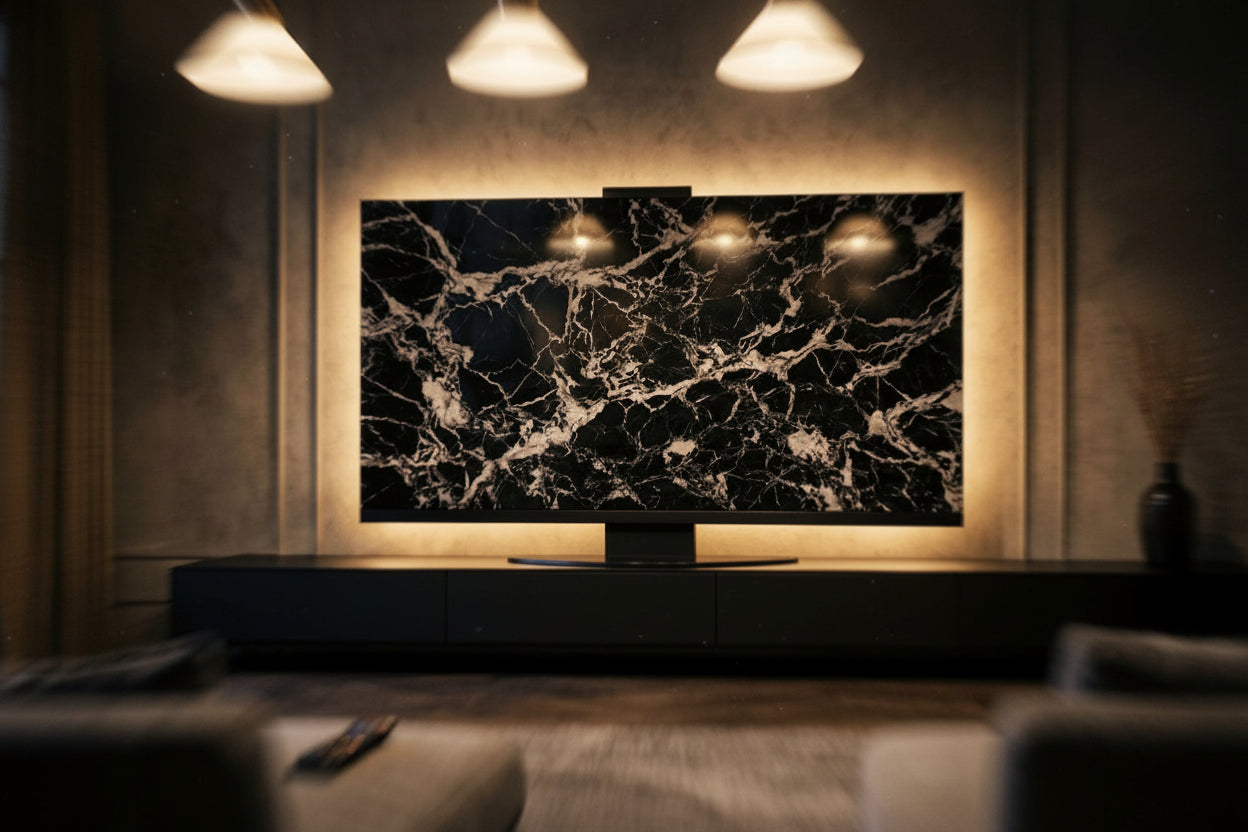 Halo Screen in Black Python stone with warm halo backlight in a dark modern living room
