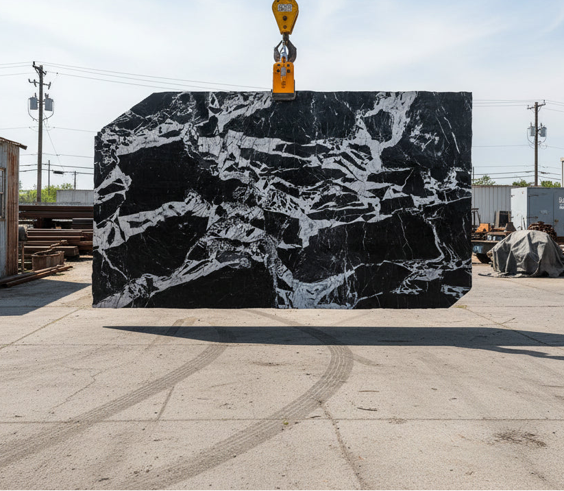 Large Noir Grand Antique marble slab with dramatic white veining suspended outdoors by a lifting clamp
