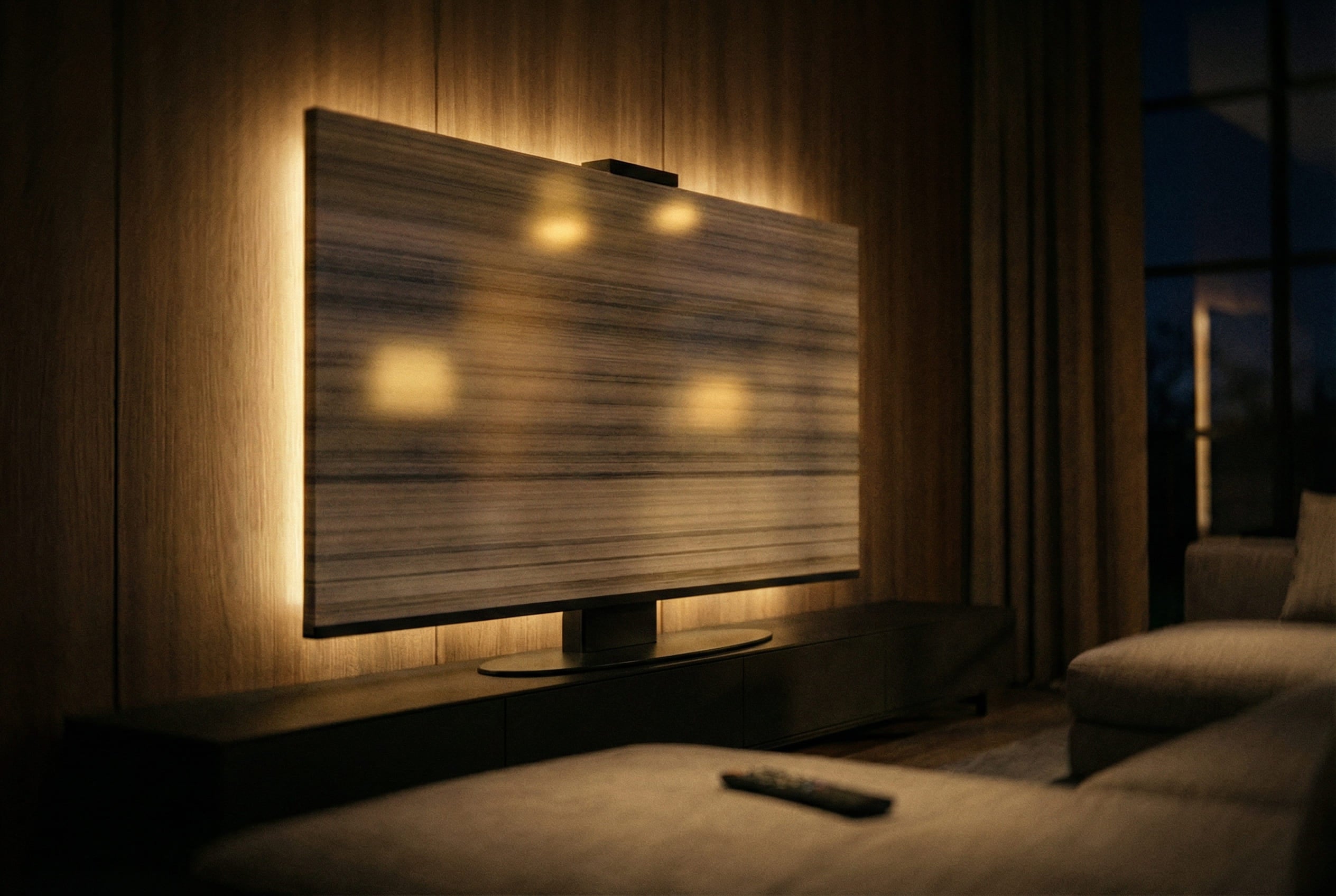 Modern TV like marble sculpture  mounted on a wooden wall in a dimly lit room with a remote control on the sofa.
