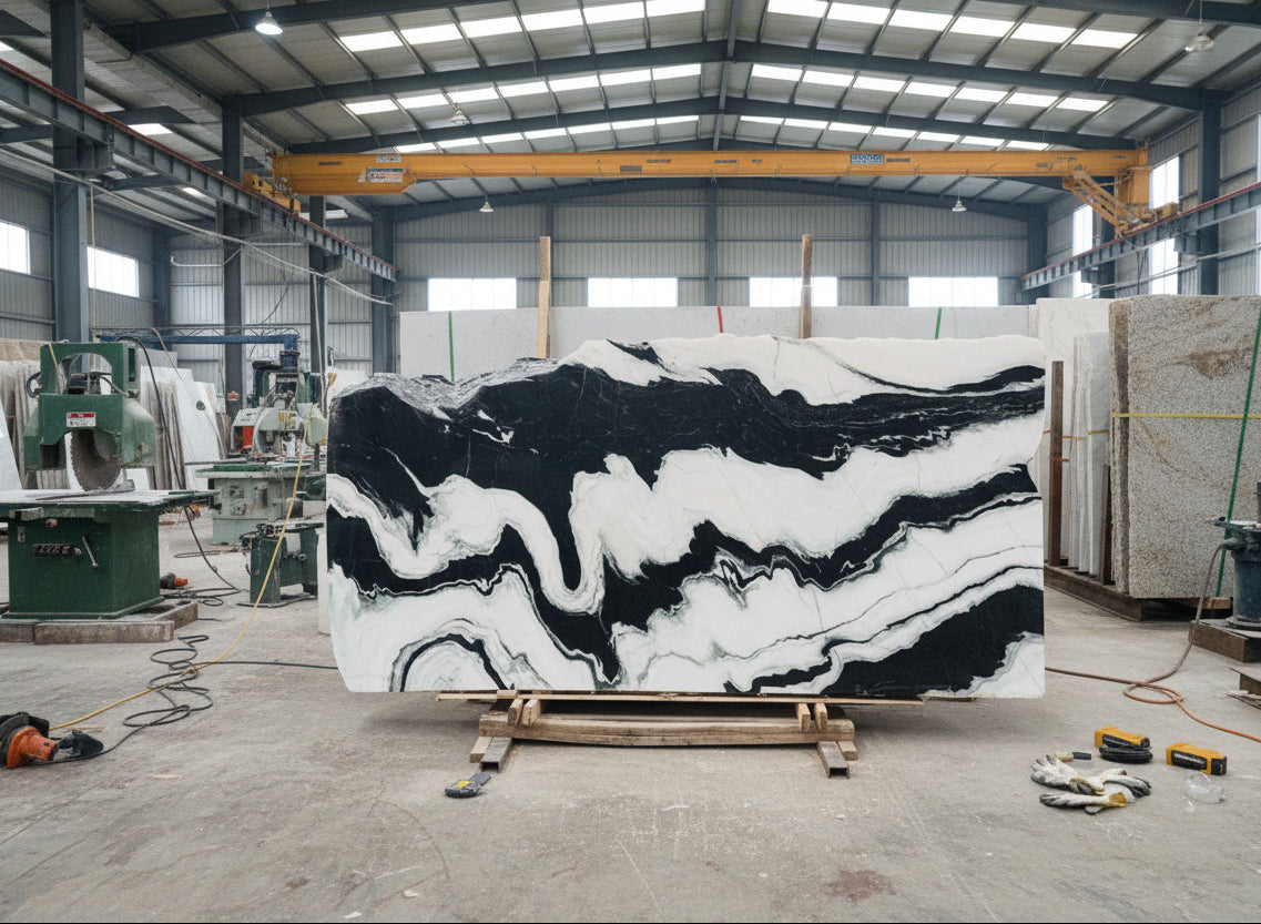 Panda White marble slab in a fabrication workshop, showing bold black veining and high-contrast natural movement across a polished white surface.