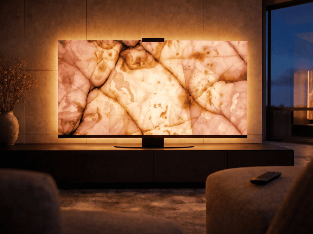 Pink Onyx Halo Screen at night in a modern living room, glowing with warm backlight through translucent blush and amber mineral layers.