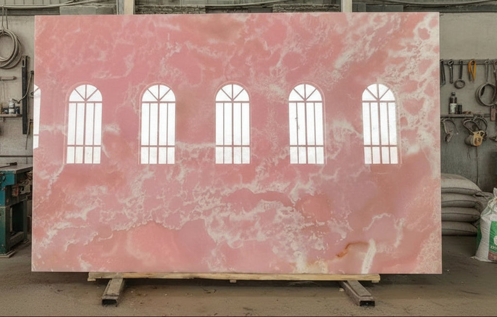 Pink Onyx slab in a fabrication workshop, showing soft blush tones, translucent clouding, and natural variation across the stone surface.