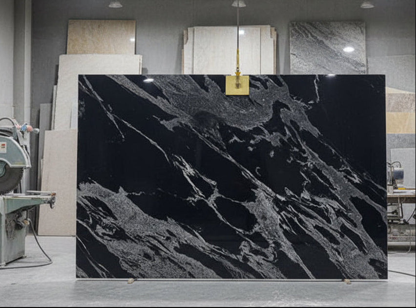 Polished Black Python stone slab with high-contrast white veining, photographed in a slab storage warehouse.