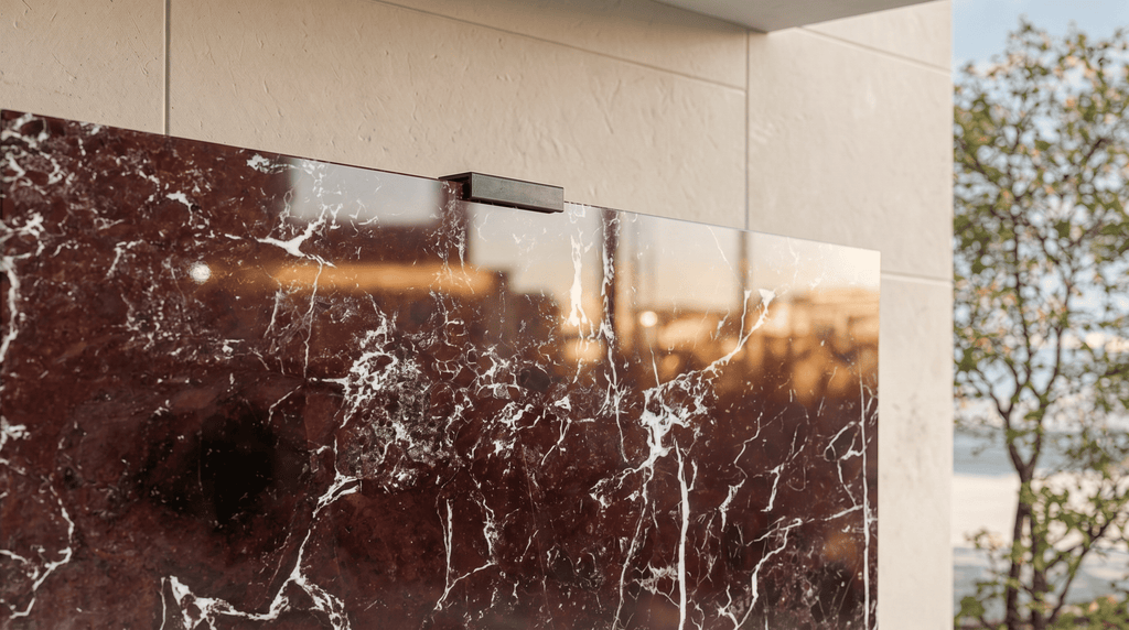 Close-up of Rosso Levanto marble Halo Screen with polished burgundy stone surface and matte-black top clamp in daylight