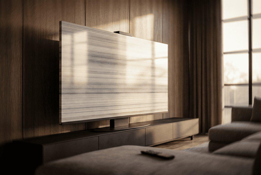 Striato Olimpico marble Halo Screen with warm halo backlight in a modern interior