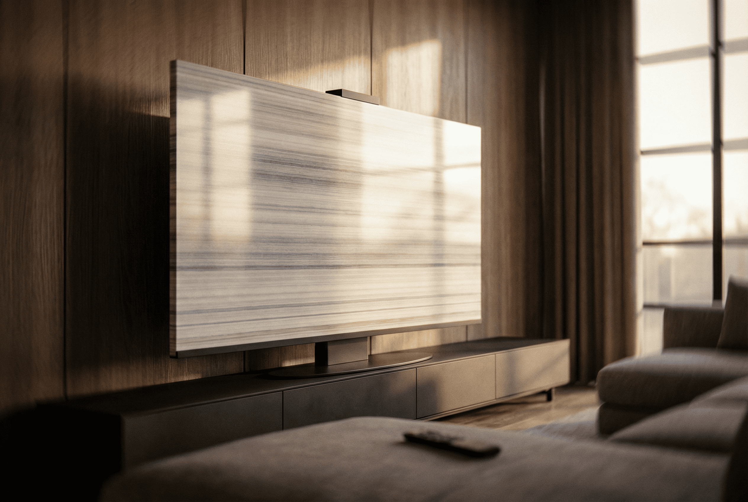Striato Olimpico marble Halo Screen with warm halo backlight in a modern interior