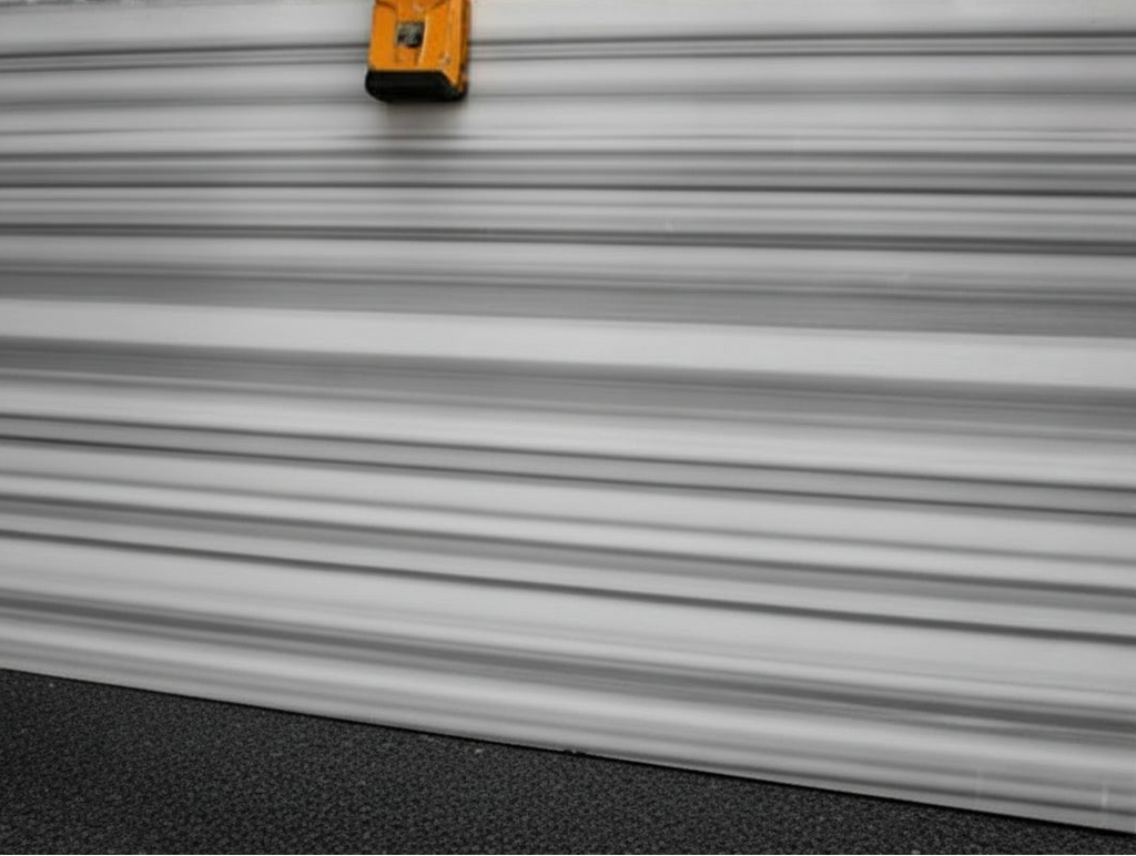 Close-up of Striato Olimpico marble slab showing fine horizontal grey and white linear veining with a calm, signal-like rhythm.