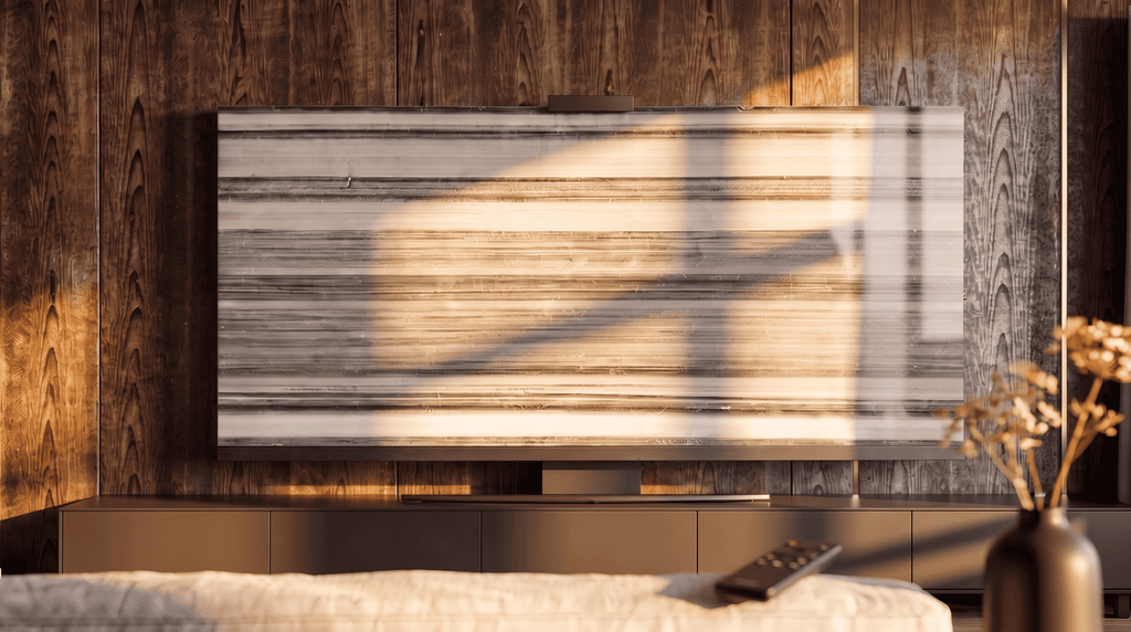 Striato Olimpico marble Halo Screen in a wood modern living room with  calm linear veining at sunset.