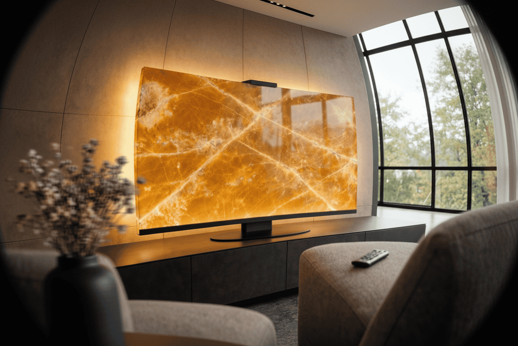 Halo Screen in Yellow Onyx with warm halo backlight on a matte-black base in a modern living room
