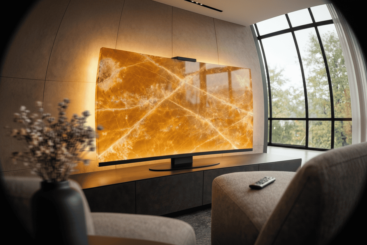 Halo Screen in Yellow Onyx with warm halo backlight on a matte-black base in a modern living room
