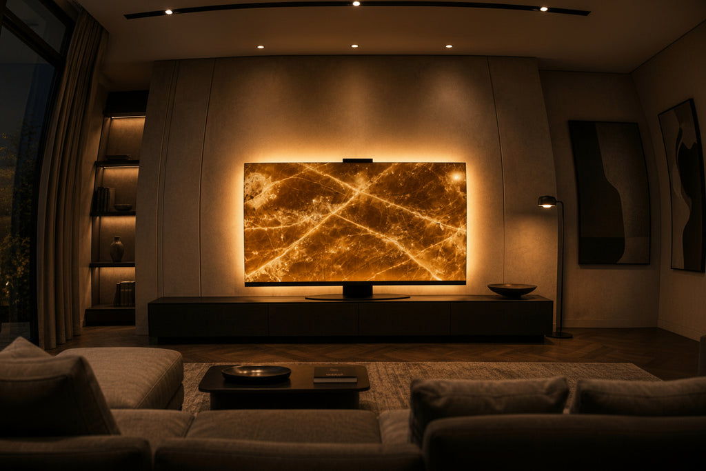 Backlit yellow onyx slab in a luxury modern interior, glowing with warm amber tones and soft evening lighting.